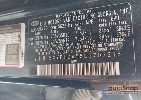 2020 Kia Sorento 3.3L Ex z USA, uszkodzony, nr VIN 5XYPHDA55LG707215